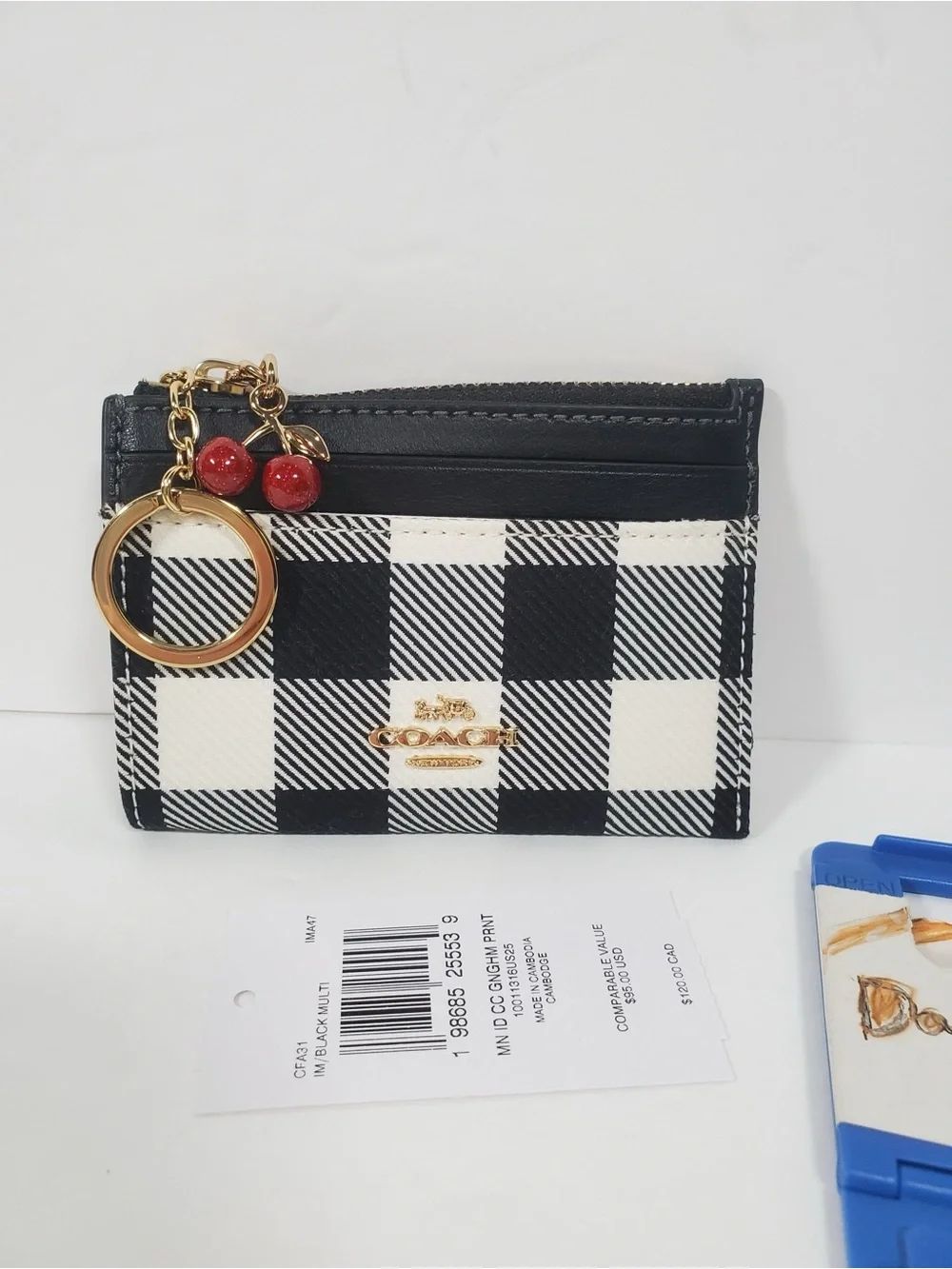 Coach Mini Skinny Id Case With Gingham Print And Charm NWT